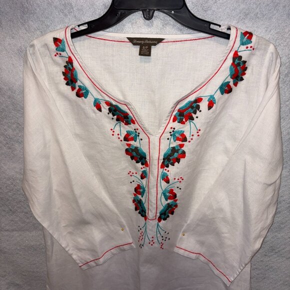 Tommy Bahama Top Womens S White Linen Embroidered Boho Peasant Tunic Casual - Picture 2 of 8